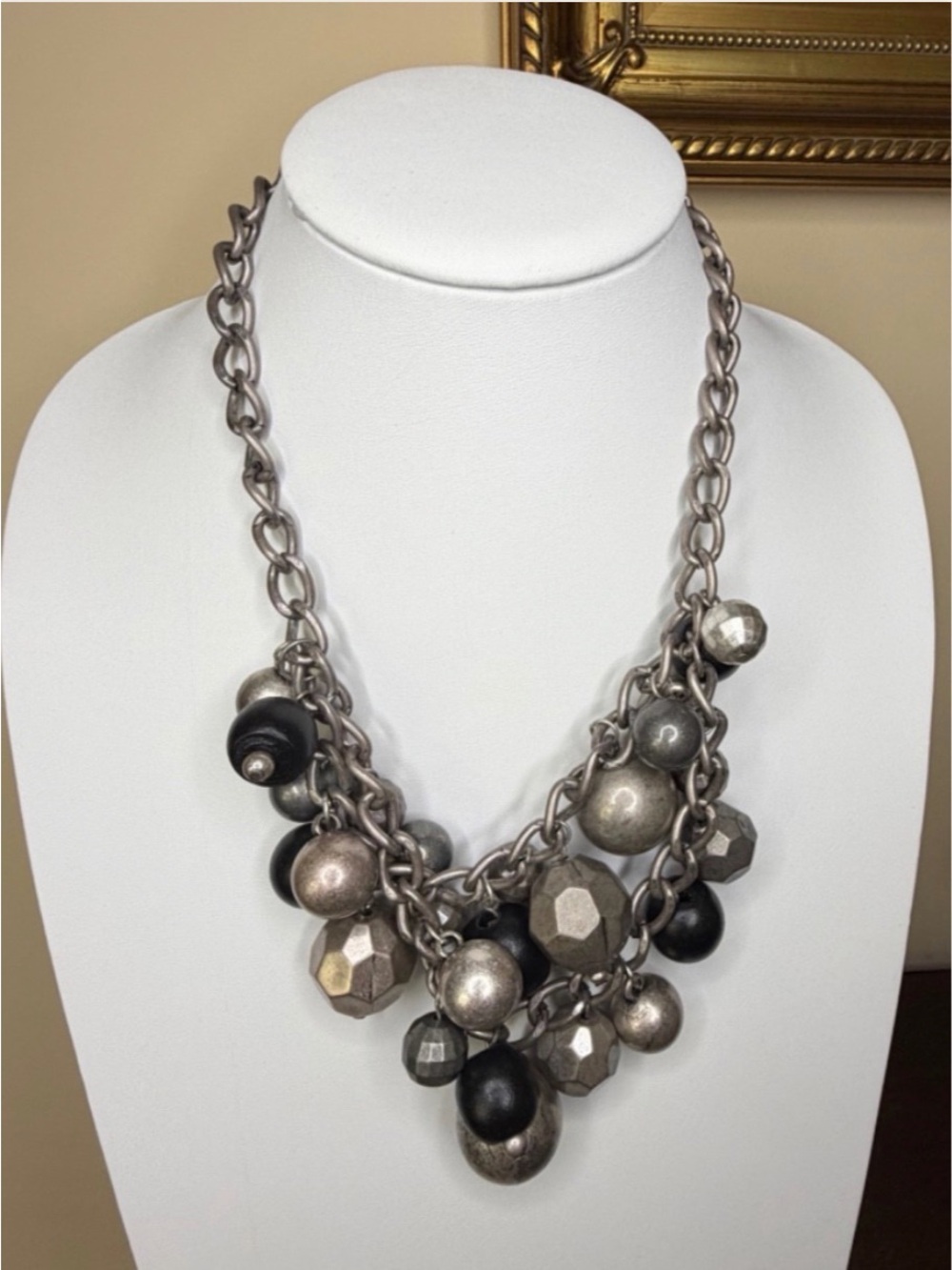 Vintage Silver Tone Necklace w/Silver Black Beads 10" Drop